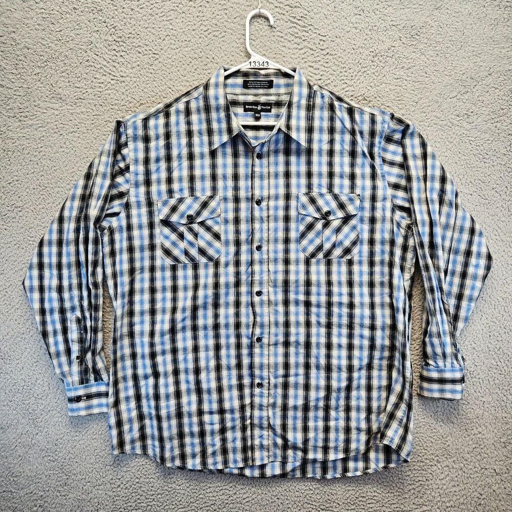 Beverly Hills Shirt Mens Size 3XLB Black Blue Plaid Long‎ Sleeves Button Up